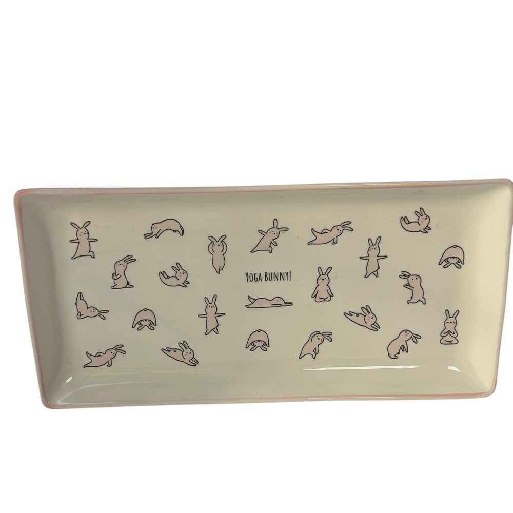 Woolly Heads by Magenta Rectangular Ceramic Tray‎ Yoga Bunny Theme Pink Trim